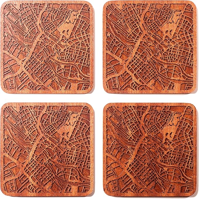 Bremen Map Coaster by O3 Design Studio, Set Of 4, Sapele Wooden Coaster With City Map, Handmade