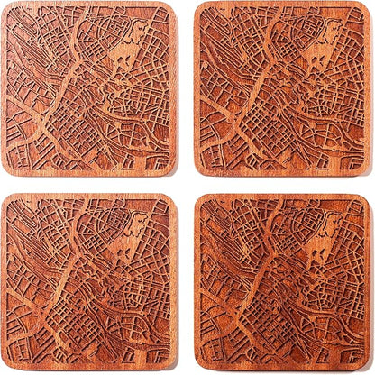 Bremen Map Coaster by O3 Design Studio, Set Of 4, Sapele Wooden Coaster With City Map, Handmade