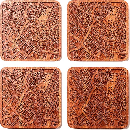 Bremen Map Coaster by O3 Design Studio, Set Of 4, Sapele Wooden Coaster With City Map, Handmade