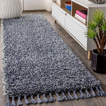 JONATHAN Y Mercer Shag Plush Tassel Denim Blue Runner Rug, 2x8, Contemporary, Modern, Easy-Cleaning for Living Room, Bedroom, Kitchen, Pet Friendly, Non-Shedding (MCR100C-28)