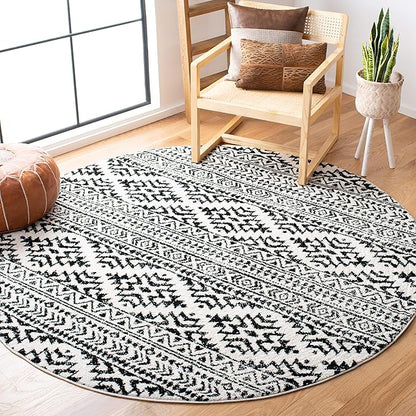 SAFAVIEH Tulum Collection Area Rug - 10' Round, Ivory & Black, Moroccan Boho Tribal Design, Non-Shedding & Easy to Clean, Ideal for Living Room, Bedroom, Dining Space (TUL272B)