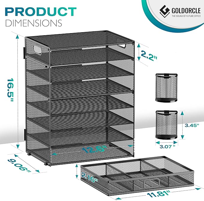 8 Tier Paper Letter Tray Organizer with Drawer & 2 Pen Holders, Mesh Desk File Holder Storage Organization for Home School Classroom & Office