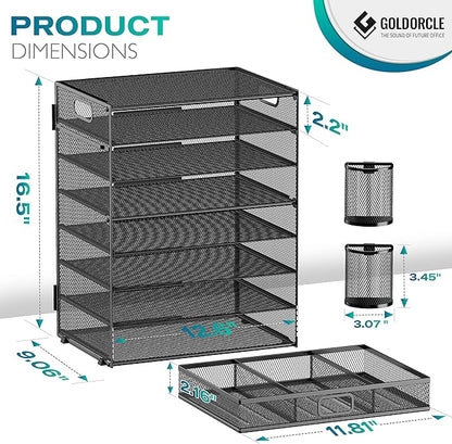 8 Tier Paper Letter Tray Organizer with Drawer & 2 Pen Holders, Mesh Desk File Holder Storage Organization for Home School Classroom & Office