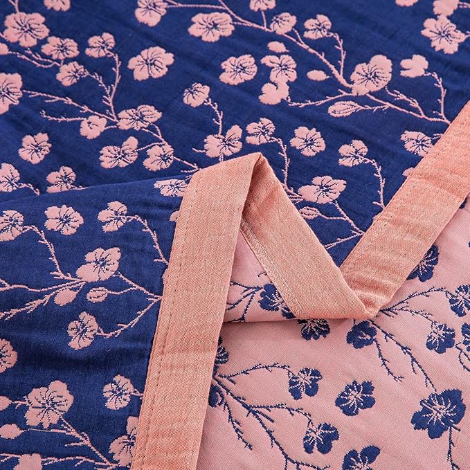 100% Cotton Muslin Jacquard 3 Piece Quilt Set Floral Plum Blossom Print, Soft 3 Layers Gauze Bed Cover Reversible Bedspread Coverlet Breathable Lightweight Bedding Set, King