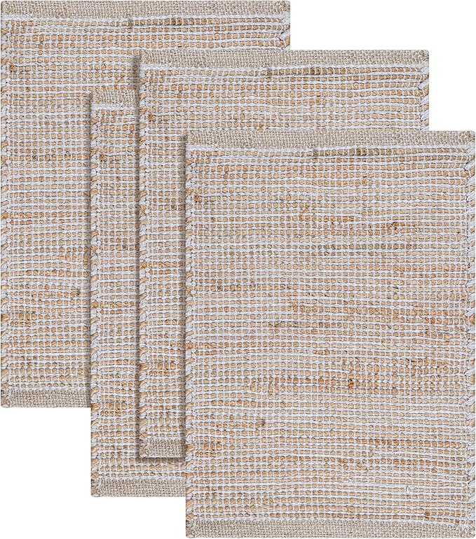Jute Placemats Set of 4 - Boho Woven Placemats for Dining Tables, Rustic Farmhouse Style, Cotton and Jute, Neutral Colorful Table Mat, 13x19 Inch, Indoor Kitchen Decor - Natural-Ivory