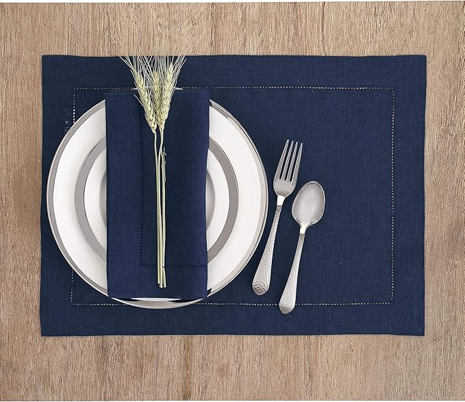 Solino Home Linen Placemats Set of 4 - Classic Hemstitch Navy Blue Placemats 14 x 19 Inch - 100% Pure Linen Table Mats for Holiday, Winter, New Year