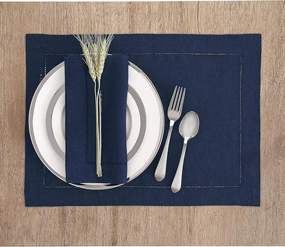 Solino Home Linen Placemats Set of 4 - Classic Hemstitch Navy Blue Placemats 14 x 19 Inch - 100% Pure Linen Table Mats for Holiday, Winter, New Year