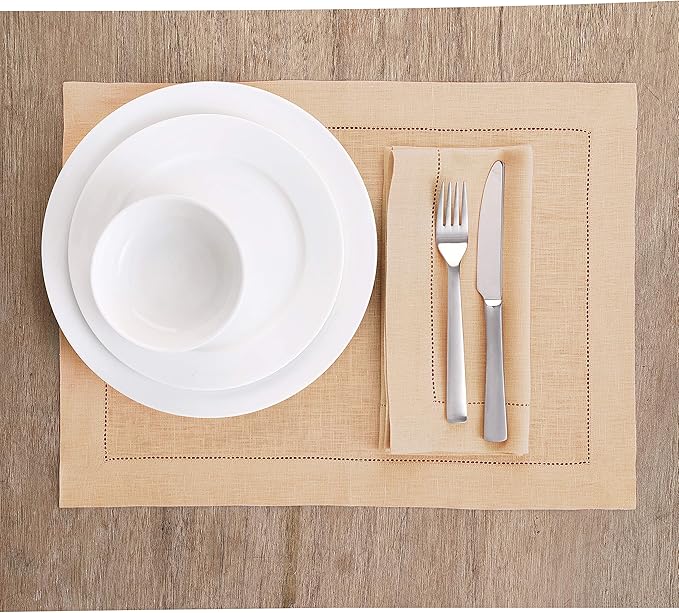 Solino Home Linen Cloth Napkins Set of 6-100% Pure Linen Beige Dinner Napkins 20 x 20 Inch - Classic Hemstitch, Handcrafted and Machine Washable