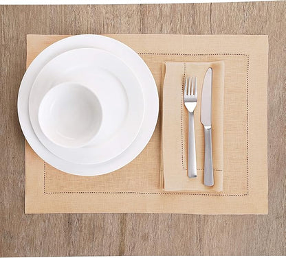 Solino Home Linen Cloth Placemats Set of 6-100% Pure Linen Hemstitch Beige Placemats 14 x 19 Inch - Classic Hemstitch Table Place Mats