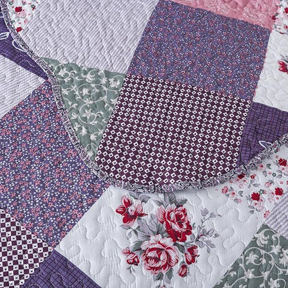 HoneiLife Quilt Set King Size - 3 Piece Microfiber Quilts Reversible Bedspreads Patchwork Coverlets Floral Bedding Set All Season Quilts-Little Rose,Purple