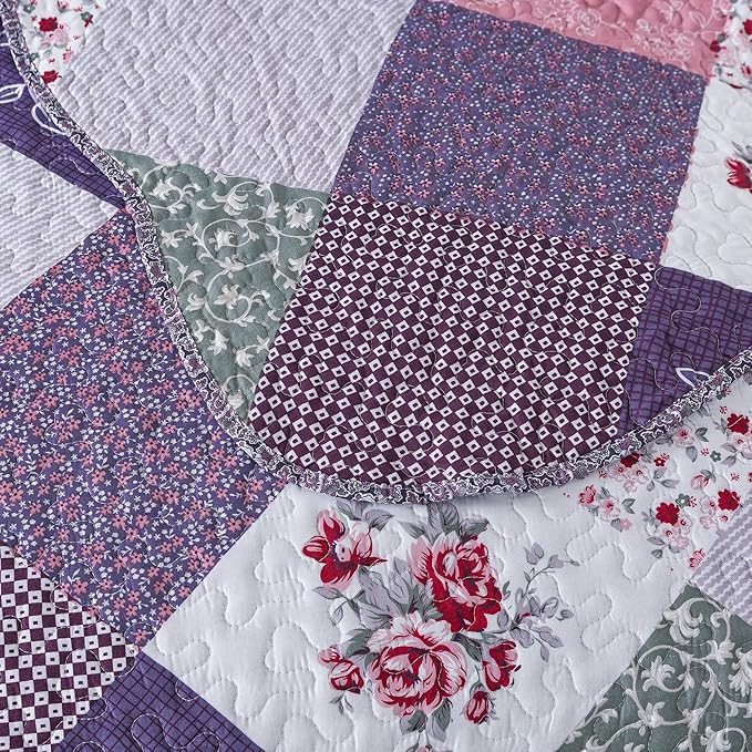 HoneiLife Quilt Set Queen Size - 3 Piece Microfiber Reversible Bedspreads Patchwork Coverlets Floral Bedding Set All Season Quilts with Geometric and Little Rose Print Pattern