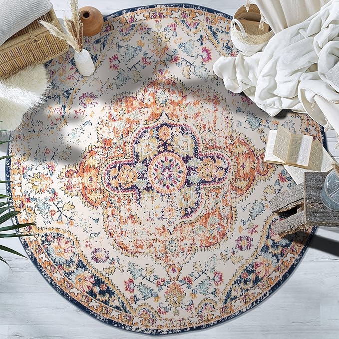 Rugshop Vintage Distressed Bohemian Area Rug for Living Room,Bedroom,Dining Room – Vibrant Multi-Color Tribal Design, 6'6" Round