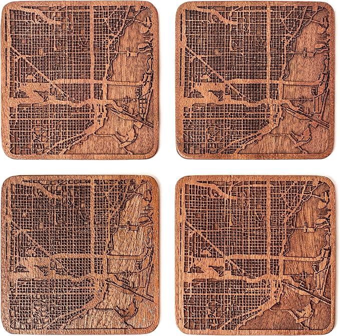 Miami Map Coaster by O3 Design Studio, Set Of 4, Sapele Wooden Coaster With City Map, Handmade