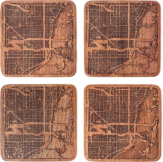 Miami Map Coaster by O3 Design Studio, Set Of 4, Sapele Wooden Coaster With City Map, Handmade