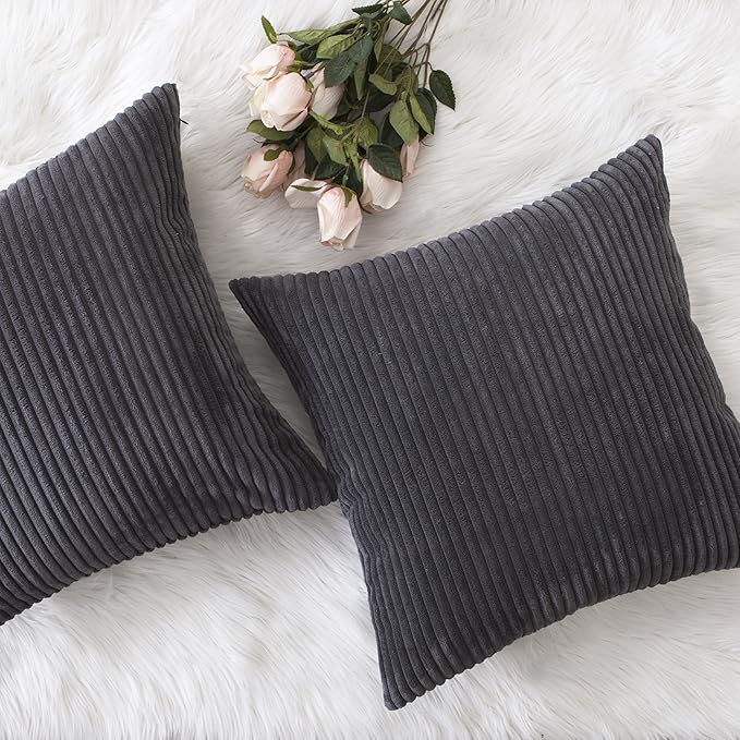 Home Brilliant 24x24 Pillow Covers Set of 2 Striped Corduroy Plush Velvet Large Euro Sham Set of 2 Cushion Cover for Bedroom, 24 x 24 inch, Dark Grey