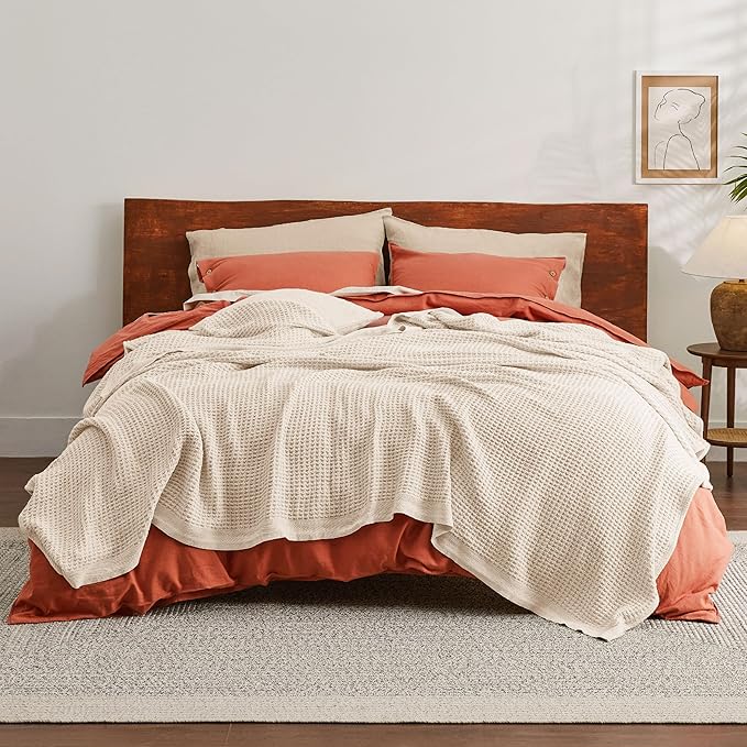 Bedsure Gentlesoft 100% Cotton Blanket King Size for Bed - Breathable and Soft, Thick Cozy Waffle Weave Christmas Blanket Gift for Women, Yellowish Cream, 104x90 inches