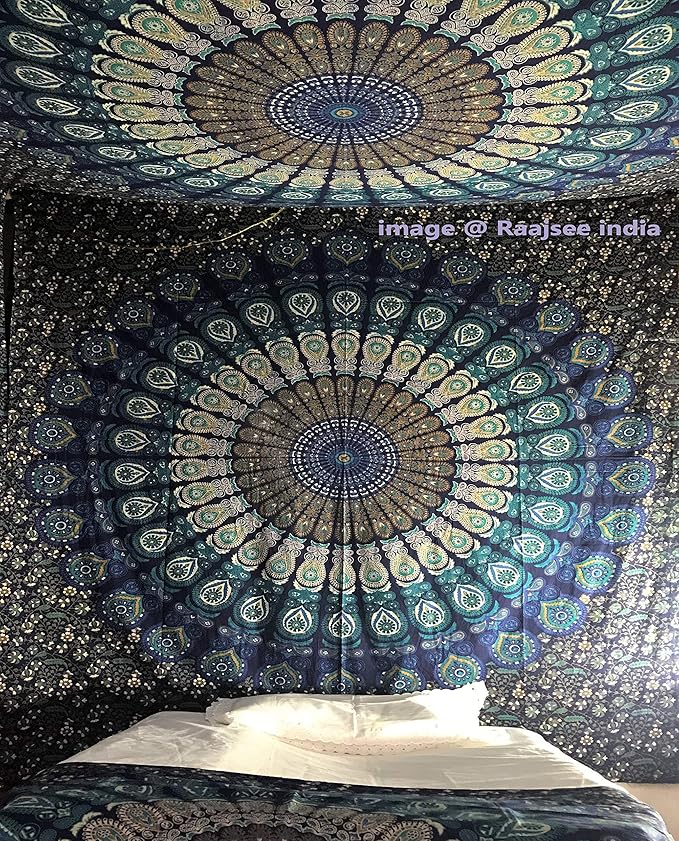 Rajsee Blue Mandala Tapestry for Bedroom, Aesthetic Room Decor, Queen 210x220 cms