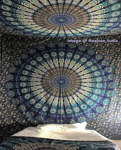 Rajsee Blue Mandala Tapestry for Bedroom, Aesthetic Room Decor, Queen 210x220 cms