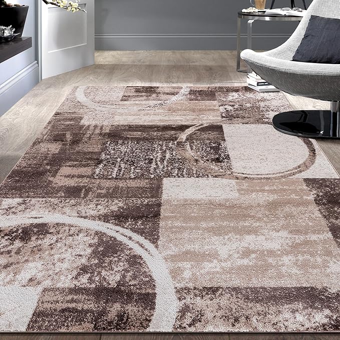 Rugshop Contemporary Abstract Circle Design Area Rug, Non-Shedding Carpet for Bedroom, Home Office, or Nursery, Brown, 3'3" x 5'
