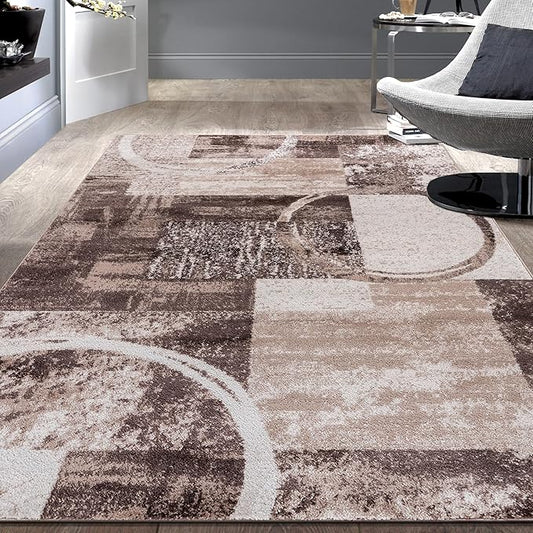 Rugshop Contemporary Abstract Circle Design Area Rug, Non-Shedding Carpet for Bedroom, Home Office, or Nursery, Brown, 3'3" x 5'