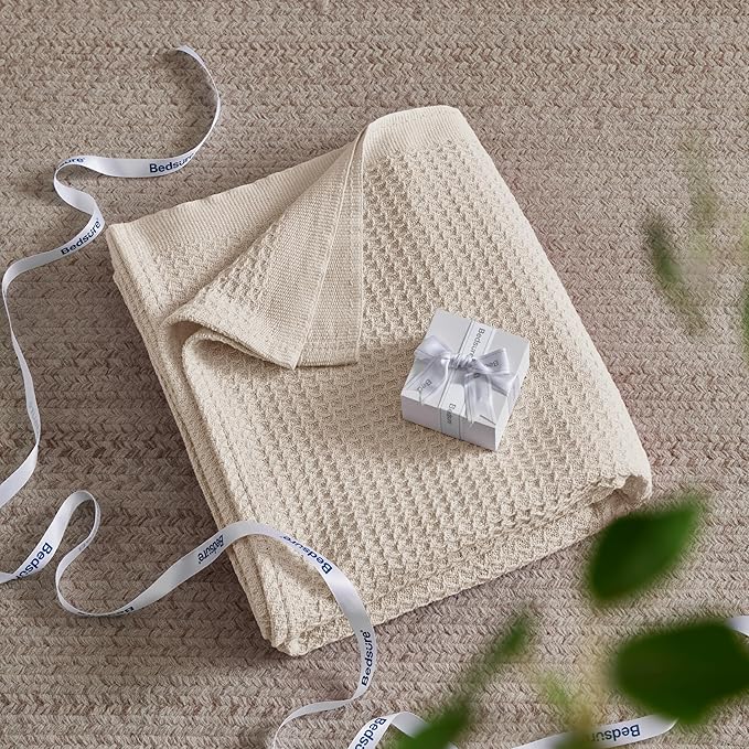 Bedsure Gentlesoft 100% Cotton Blanket Queen Size for Bed - Breathable and Soft, Thick Cozy Waffle Weave Christmas Blanket Gift for Women, Light Beige, 90x90 Inches