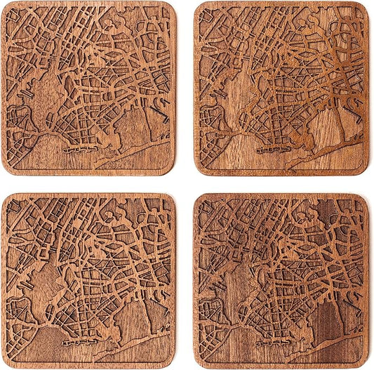 New York Map Coaster by O3 Design Studio, Set Of 4, Sapele Wooden Coaster With City Map, Handmade