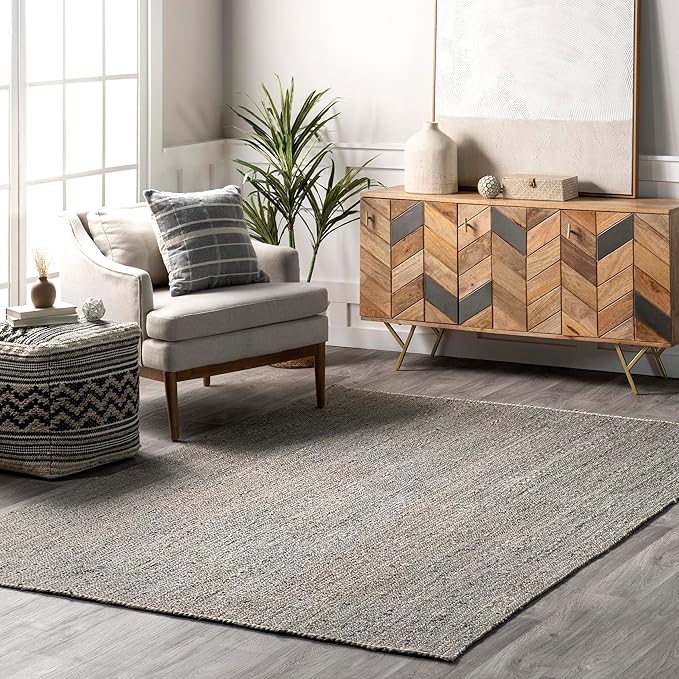 nuLOOM 6x9 Rigo Jute Hand Woven Area Rug, Grey, Solid Farmhouse Design, Natural Fiber, For Bedroom, Living Room, Dining Room, Hallway, Office, Kitchen, Entryway