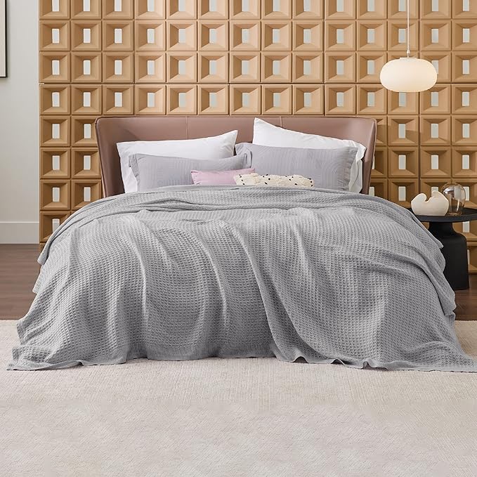Bedsure Gentlesoft 100% Cotton Blanket King Size for Bed - Breathable and Soft, Thick Cozy Waffle Weave Christmas Blanket Gift for Women, Grey, 104x90 inches