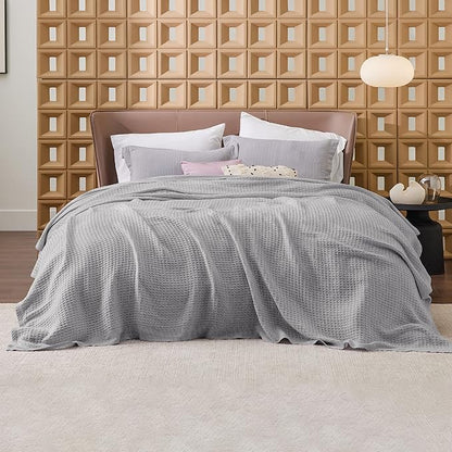 Bedsure Gentlesoft 100% Cotton Blanket King Size for Bed - Breathable and Soft, Thick Cozy Waffle Weave Christmas Blanket Gift for Women, Grey, 104x90 inches