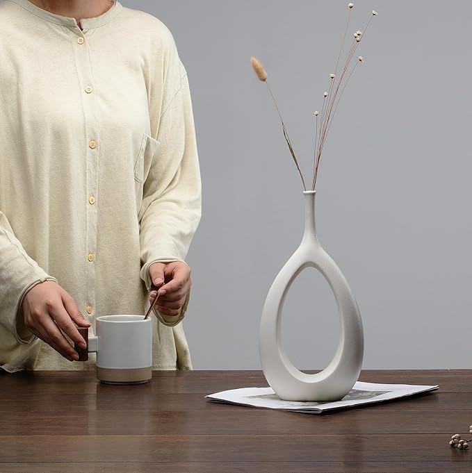 Kimisty Nordic Ceramic Vase Set 2, White Modern Minimalist Bud Vase, Hollow Vase Decor, Sculpture Decor, Fire Place Decoration, Mid Century, Abstract Design