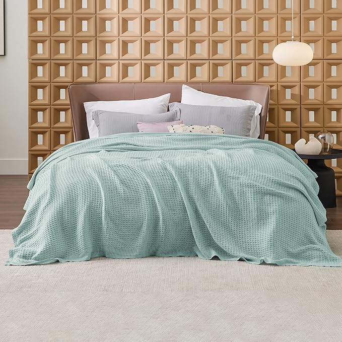 Bedsure Gentlesoft 100% Cotton Blanket Queen Size for Bed - Breathable and Soft, Thick Cozy Waffle Weave Christmas Blanket Gift for Women, Mint, 90x90 Inches