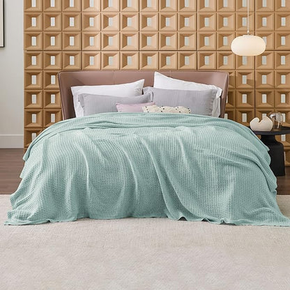 Bedsure Gentlesoft 100% Cotton Blanket Queen Size for Bed - Breathable and Soft, Thick Cozy Waffle Weave Christmas Blanket Gift for Women, Mint, 90x90 Inches