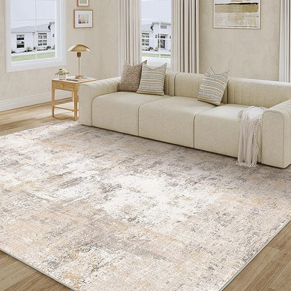 7x10 Washable Area Rug Beige Grey Abstract Living Room Bedroom Throw Rug Neutral Modern Non Slip Soft Low Pile Lightweight Indoor Carpet for Dining Room Office