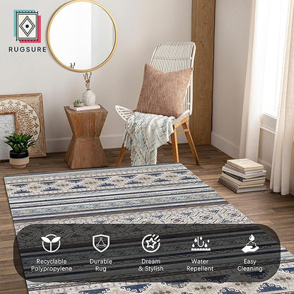 RUGSURE Washable Area Rugs 5' x 7' - 1/6 Thick - Moroccan-Inspired -Stain & Water Resistant Non-Slip - Resistant Rug for Living Room, Bedroom, Nursery, Pet & Child Friendly (Blue and Brown)