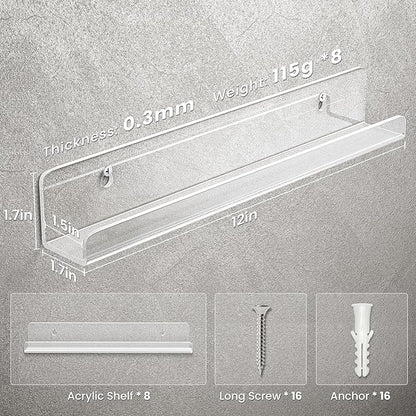 Gotega 8 Pack Vinyl Record Shelf Wall Mount, 12 inch Album Record Holder Display, Clear Acrylic Floating Shelves for Wall, Suitable for Bedroom, Living Room, Magazine Shelf, Kids Bookshelf, etc