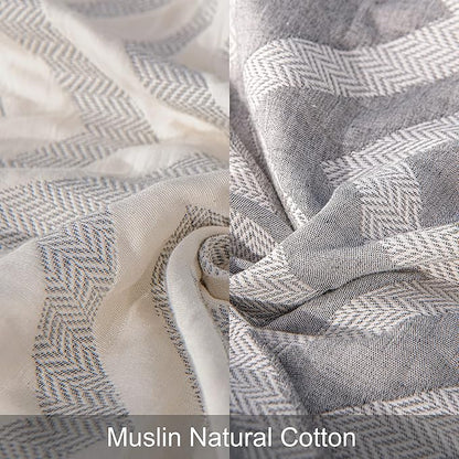 NTBAY 3 Layers Cotton Muslin 88x92 Queen Bed Blanket, Super Soft Breathable Thermal Yarn Dyed Quilt for Adults, Perfect Lightweight Blanket for Couch Sofa Bed All Seasons, Chevron