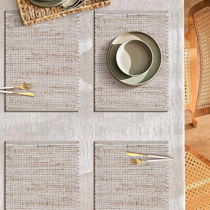 Jute Placemats Set of 4 - Boho Woven Placemats for Dining Tables, Rustic Farmhouse Style, Cotton and Jute, Neutral Colorful Table Mat, 13x19 Inch, Indoor Kitchen Decor - Natural-Ivory