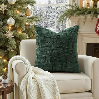 decorUhome Christmas Green Chenille Throw Pillow Covers 24x24 Set of 2 Thick Textured Slubby Couch Pillow Covers Farmhouse Accent Modern Neutral Decorative Pillow Cases for Bed Sofa Living Room