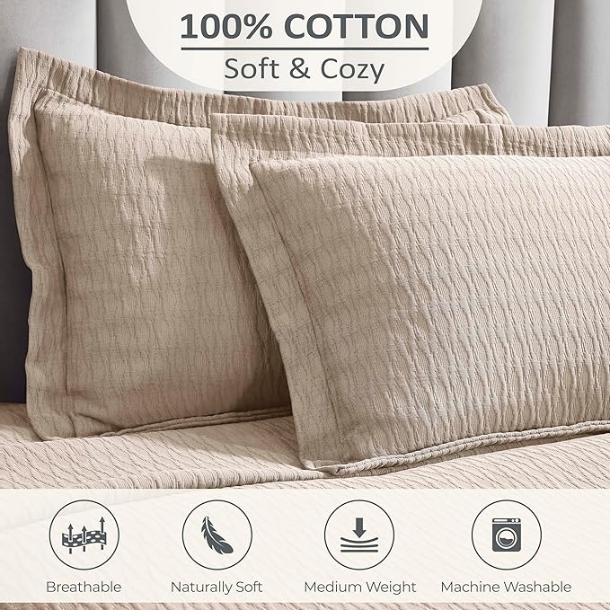 Superior 3 Piece Cotton Bedspread Set, Home Bed Decor, Decorative Bed Spread, 2 Pillow Shams, Medium Weight Blanket, Matelasse Coverlet Bedding, Calvert Collection, California King, Beige