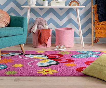 Well Woven Modern Rug Daisy Butterflies Pink 3'3'' x 5' Accent Entry Way Bright Kids Room Kitchn Bedroom Carpet Bathroom Soft Durable Area Rug