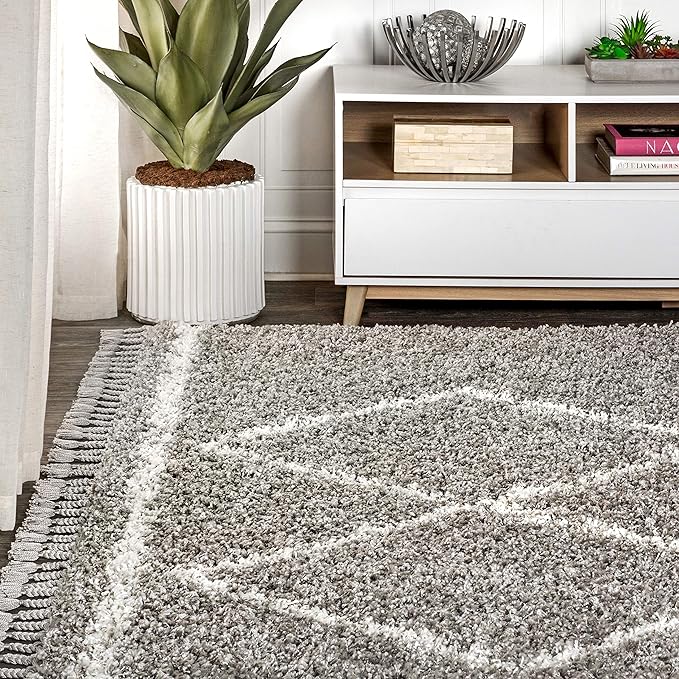 JONATHAN Y Mercer Shag Plush Tassel Gray/Cream Indoor Area Rug, 3x5, Moroccan Geometric Trellis, Bohemian, Easy-Cleaning for Living Room, Bedroom, Kitchen, Pet Friendly, Non-Shedding (MCR103C-3)