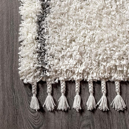 JONATHAN Y Mercer Shag Plush Tassel Ivory/Gray Indoor Area Rug, 3x5, Moroccan Geometric Trellis, Easy-Cleaning for Living Room, Bedroom, Kitchen, Pet Friendly, Non-Shedding (MCR101B-3)