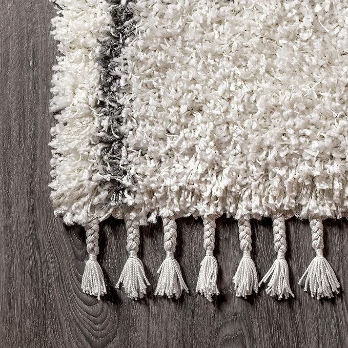 JONATHAN Y Mercer Shag Plush Tassel Ivory/Gray Indoor Area Rug, 4x6, Moroccan Geometric Trellis, Easy-Cleaning for Living Room, Bedroom, Kitchen, Pet Friendly, Non-Shedding (MCR101B-4)