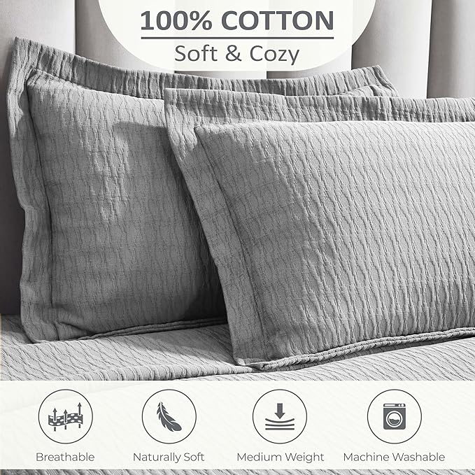 Superior 3 Piece Cotton Bedspread Set, Home Bed Decor, Decorative Bed Spread, 2 Pillow Shams, Medium Weight Blanket, Matelasse Coverlet, Bedding Essentials, Calvert Collection, Full, Grey