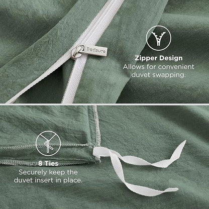 Bedsure 100% Washed Cotton Duvet Cover Queen Size - Iceberg Green Minimalist Cotton Duvet Cover Linen Like for All Seasons - GentleSoft™ Plain Simple Bedding (Iceberg Green, Queen, 90"x90")