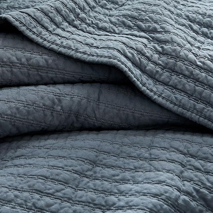WDCOZY 100% Cotton Oversized King Size Quilt Set - Dusty Blue California Cal King Striped Pick Stitch Soft Lightweight Bedspread, Textured Like Linen, Farmhouse Country Rustic Coverlet, 3 Pieces
