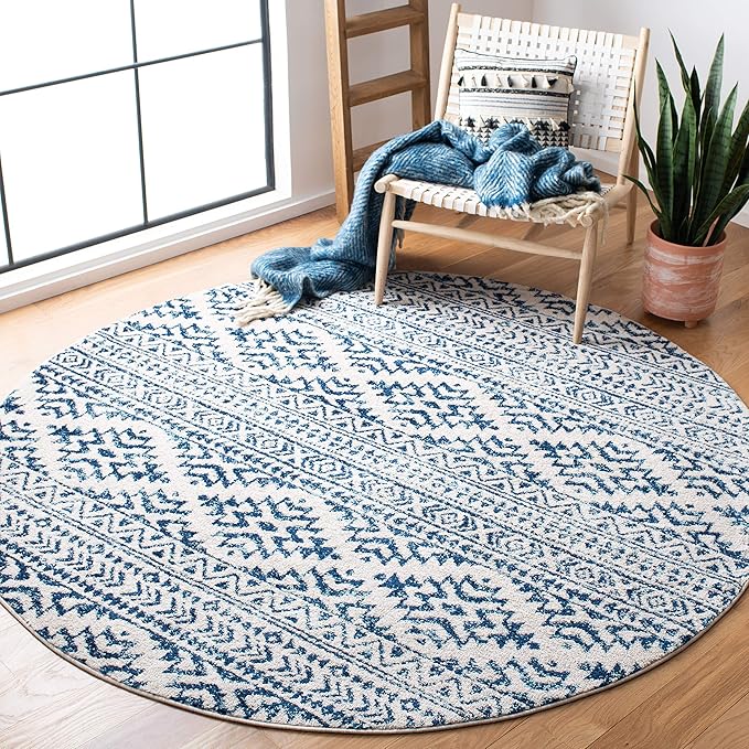SAFAVIEH Tulum Collection Area Rug - 6'7" Round, Ivory & Navy, Moroccan Boho Tribal Design, Non-Shedding & Easy to Clean, Ideal for Living Room, Bedroom, Dining Space (TUL272D)