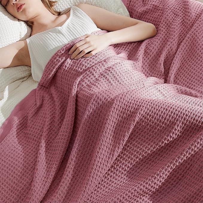Bedsure Gentlesoft 100% Cotton Blanket Queen Size for Bed - Breathable and Soft, Thick Cozy Waffle Weave Christmas Blanket Gift for Women, Dusty Rose, 90x90 Inches