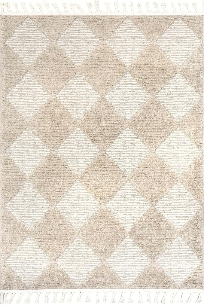 Nuloom Marissa Beige/Ivory, 6' Round, Diamond, Tassel, Soft and Cozy, High Traffic, Stain Resistant, Easy Clean, Durable Area Rug for Bedroom, Living Room, Dining Space, Den, Foyer, Entryway