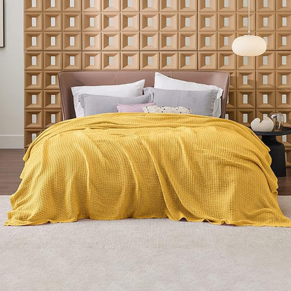Bedsure Gentlesoft 100% Cotton Blanket Queen Size for Bed - Breathable and Soft, Thick Cozy Waffle Weave Christmas Blanket Gift for Women, Mustard Yellow, 90x90 Inches